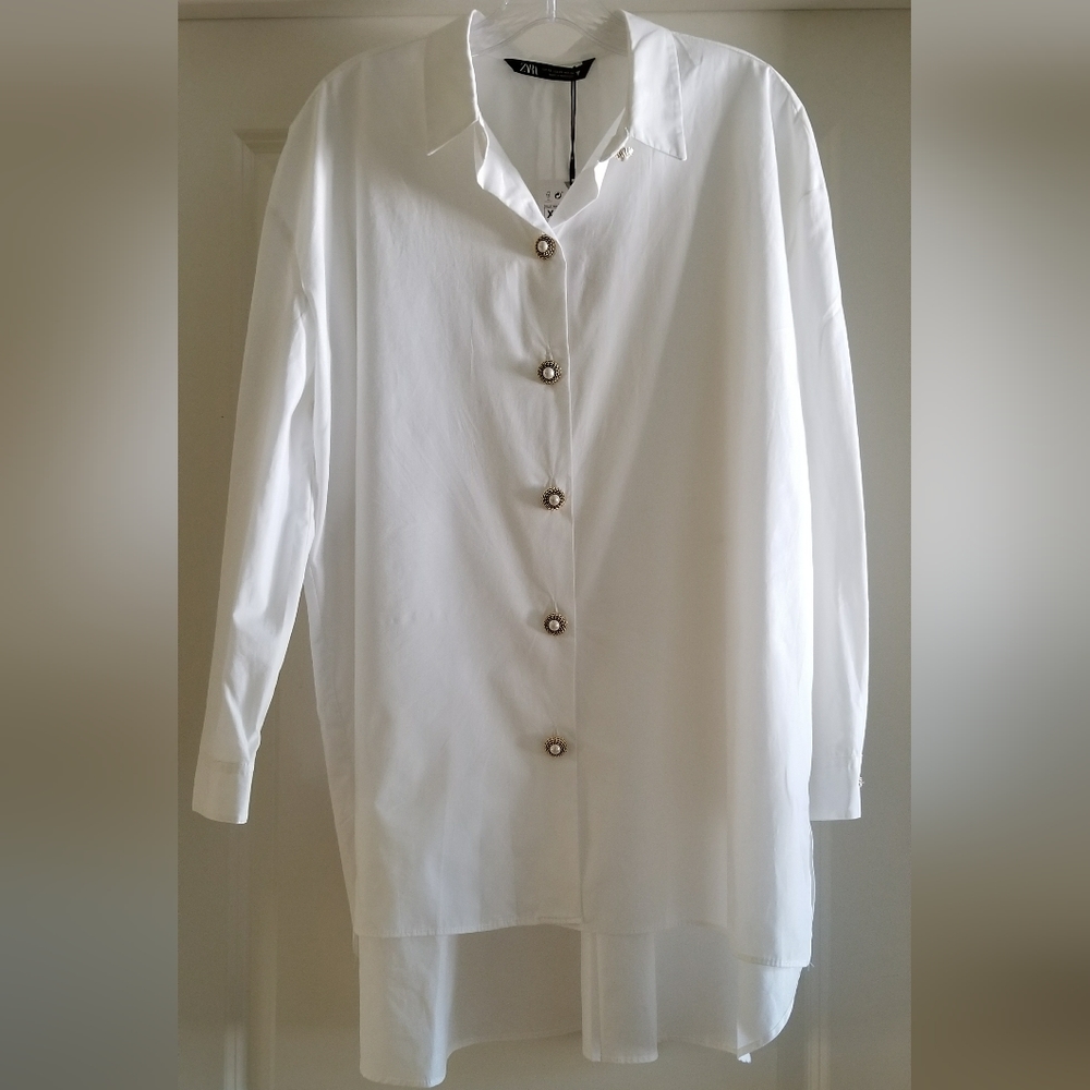 ZARA Vintage Button White Oversized Dress Shirt Size XS